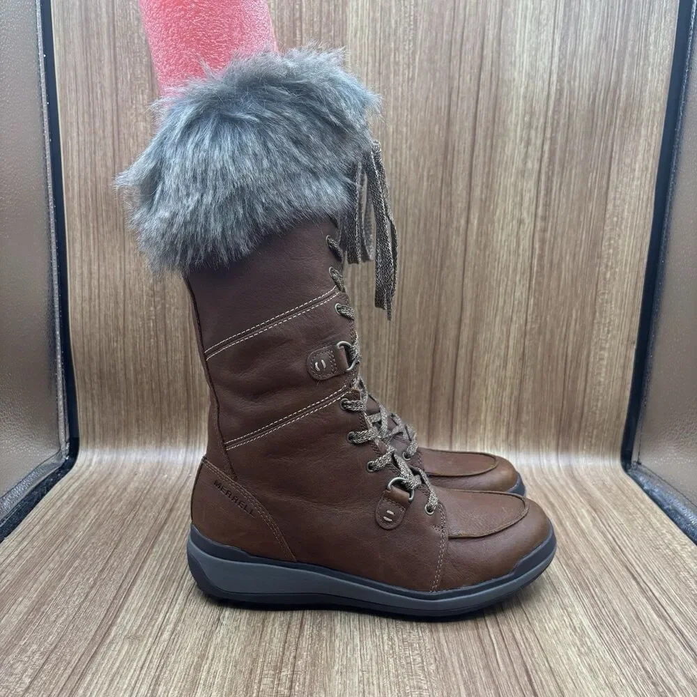 Merrell Women Snowcreek Tall Boots Sz‎ 8 Brown Leather  Waterproof Fur Trim 200g
